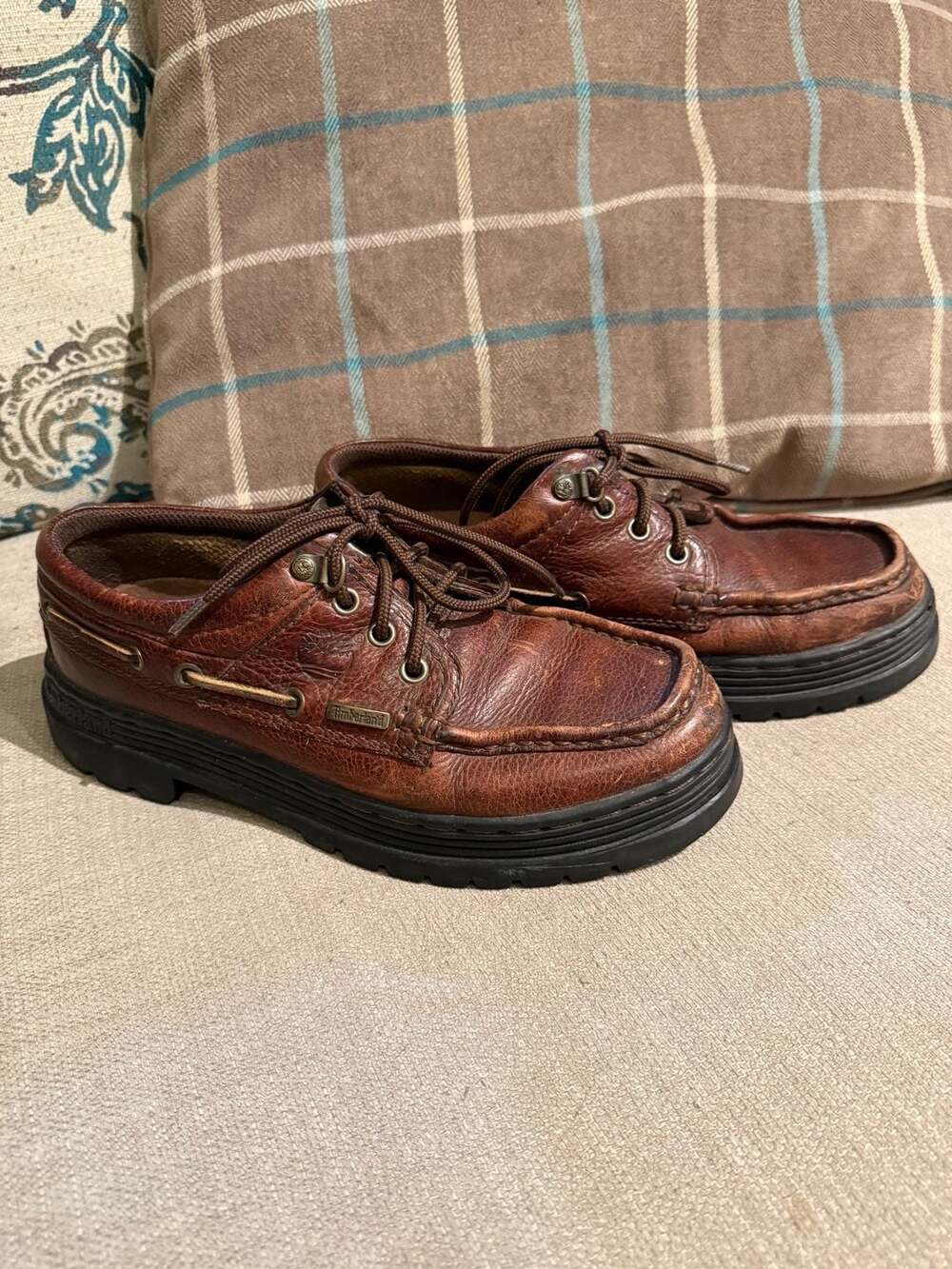 Timberland Men's Size 7.5 Brown Leather Hand-Sewn Boston Boat Shoes Slip-On